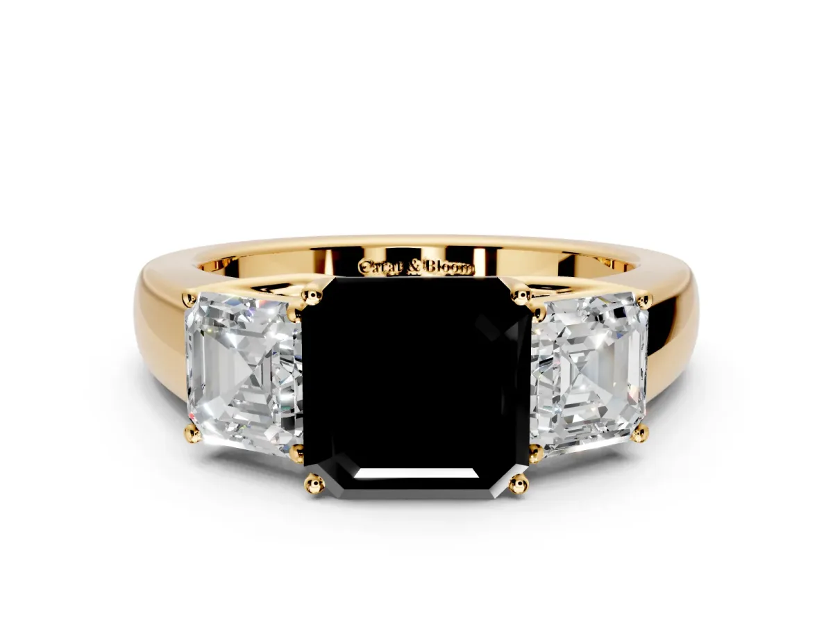 3 Stone Engagement Ring Setting for Fancy Black Asscher Cut Center with Raised Basket Heads and Prong Head in Yellow Gold