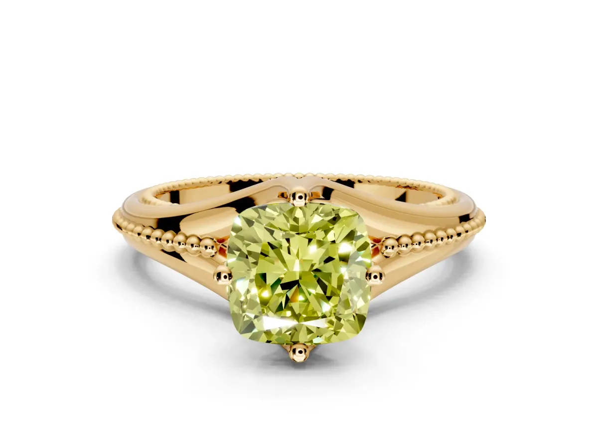 Solitaire Engagement Ring Setting for Fancy Yellow Cushion Cut Center with Milgrain Cathedral Band and Prong Head in Yellow Gold
