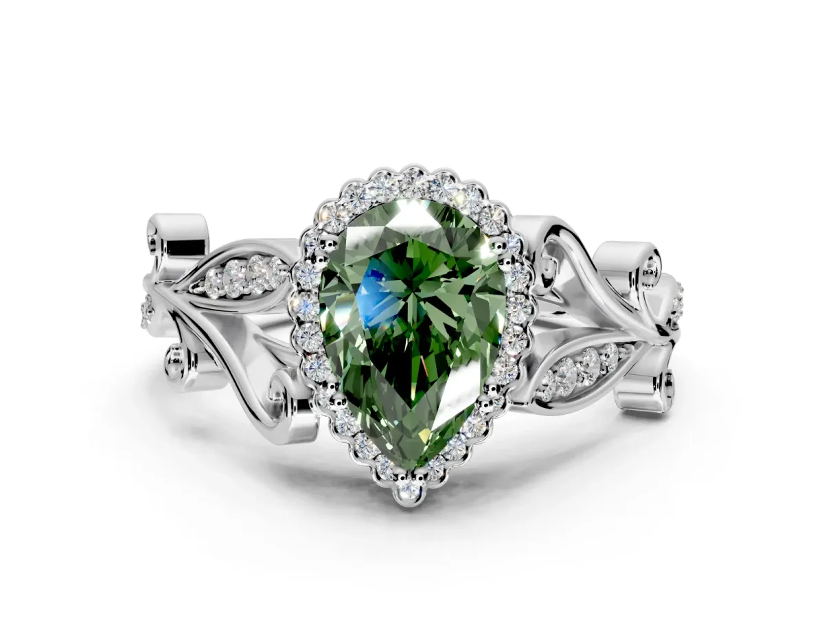 Halo Engagement Ring Setting for Fancy Green Pear-Shaped Center with Leaf Motif Split Shank and Prong Head in Platinum
