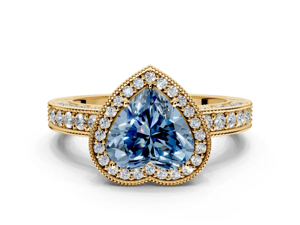 Milgrain Halo Engagement Ring Setting for Fancy Blue Heart-Shaped Center with Wide Pave Band and Prong Head in Yellow Gold