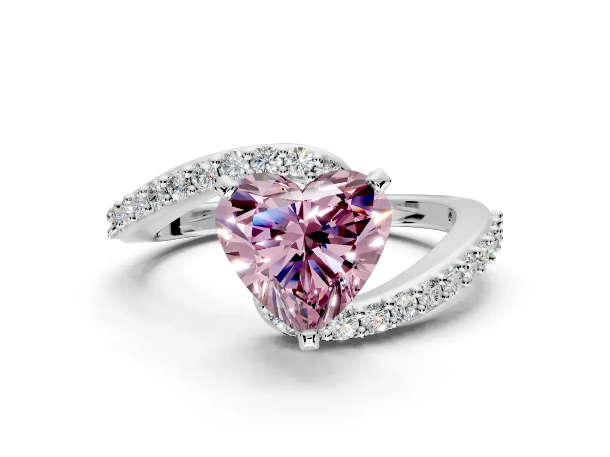 Solitaire Engagement Ring Setting for Fancy Pink Heart-Shaped Center with Pave Bypass Swirl Band and Prong Head in Sterling Silver