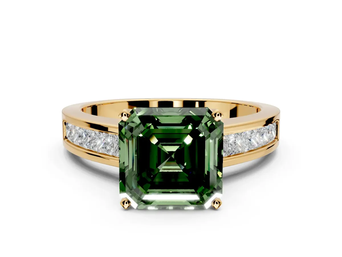 Solitaire Engagement Ring Setting for Fancy Green Asscher Cut Center with Princess Cut Channel Band and Prong Head in Yellow Gold