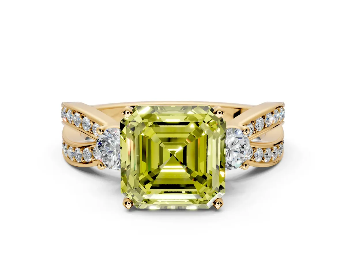 3 Stone Engagement Ring Setting for Fancy Yellow Asscher Cut Center with Pave Twist Band and Prong Head in Yellow Gold