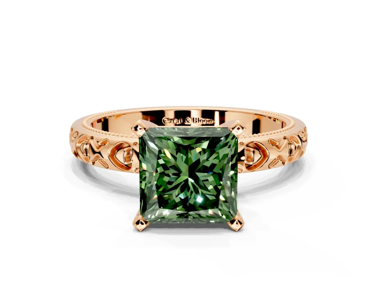 Solitaire Engagement Ring Setting for Fancy Green Princess Cut Center with XO Engraved Band and Prong Head in Rose Gold