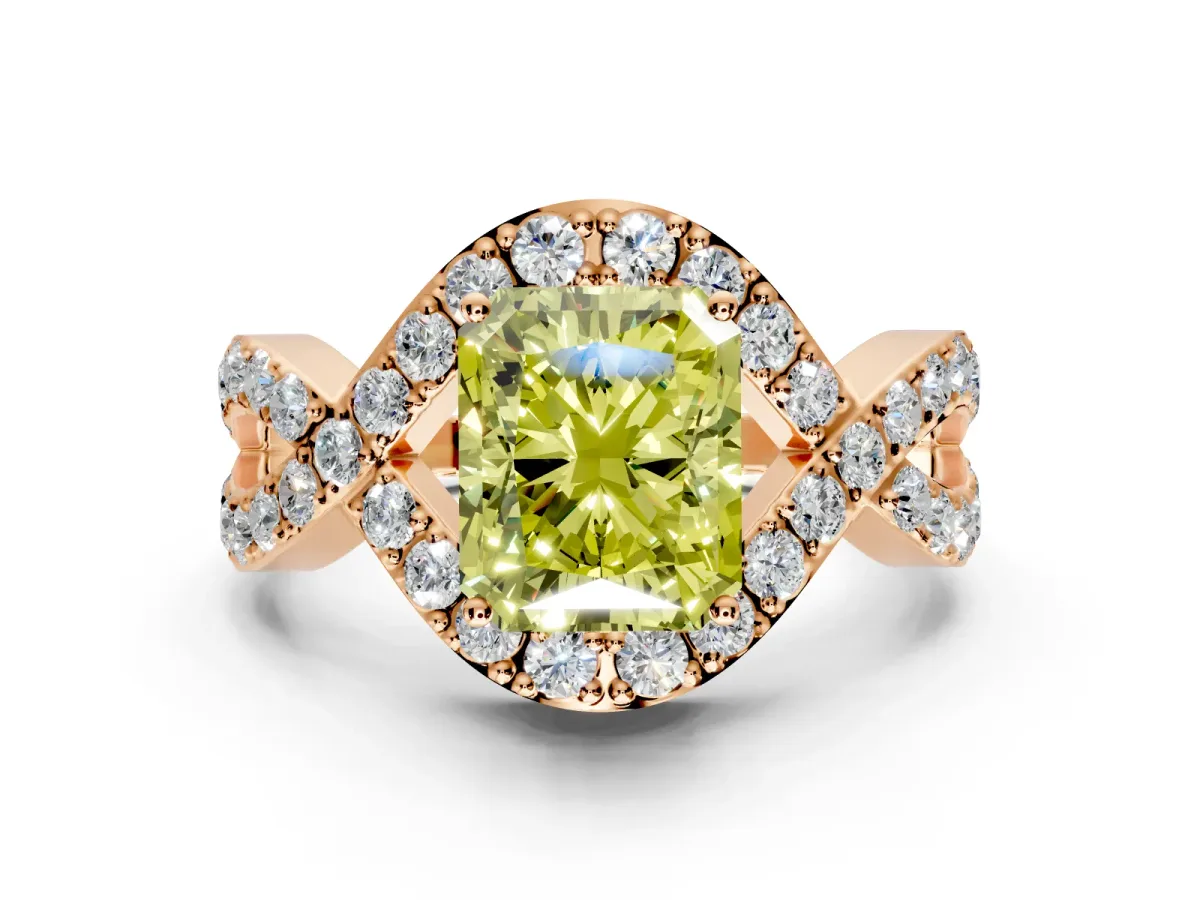 Halo Engagement Ring Setting for Fancy Yellow Radiant Cut Center with Pave Infinity Twist Band and Prong Head in Rose Gold