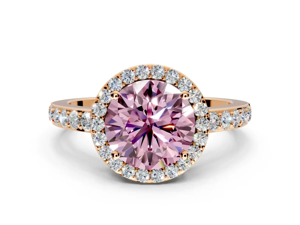 Halo Engagement Ring Setting for Fancy Pink Round Cut Center with Heart-Shaped Openwork, Pave Band and Prong Head in Rose Gold