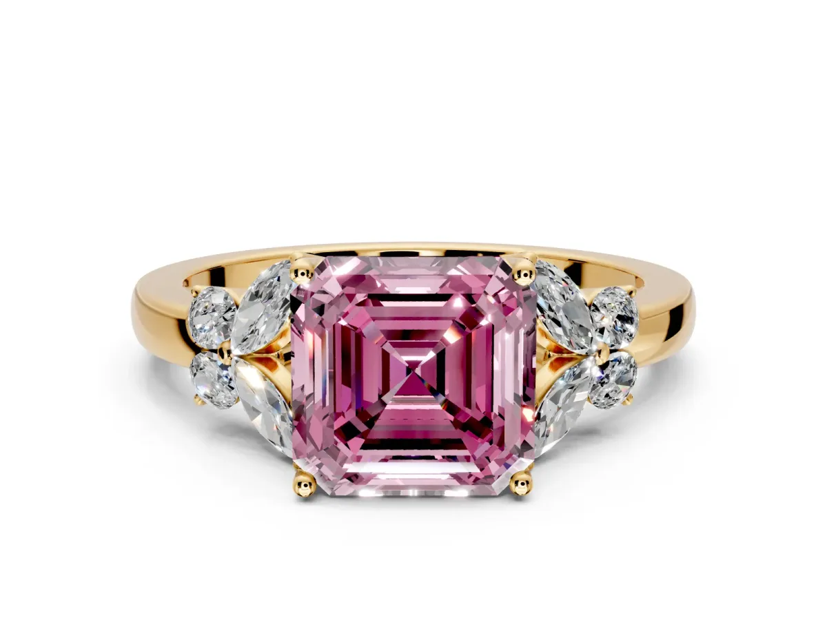 Solitaire Engagement Ring Setting for Fancy Pink Asscher Cut Center with Marquise Flower Shoulders and Prong Head in Yellow Gold