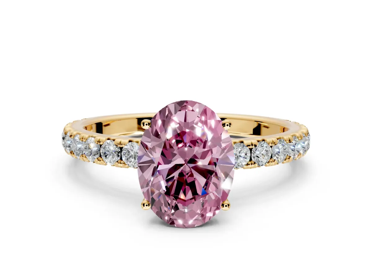 Solitaire Engagement Ring Setting for Fancy Pink Oval Center with Large Accent Band and Prong Head in Yellow Gold