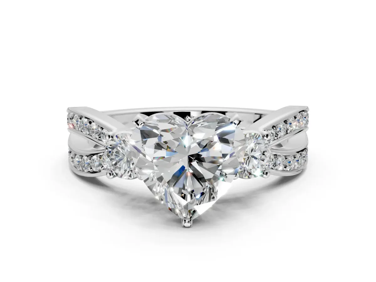 3 Stone Engagement Ring Setting for Heart-Shaped Center with Pave Twist Band and Prong Head in White Gold