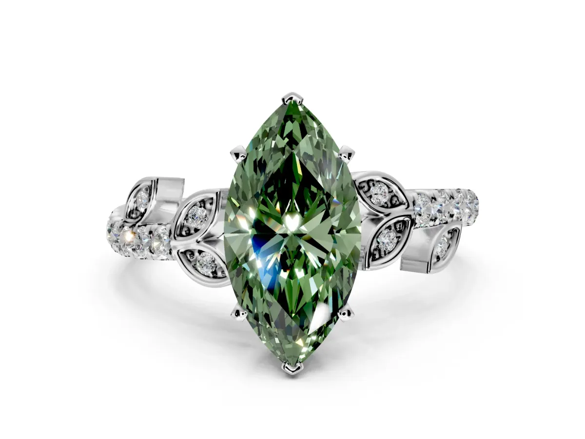 Leaf Motif Engagement Ring Setting for Fancy Green Marquise Center with Pave Band and Prong Head in Sterling Silver