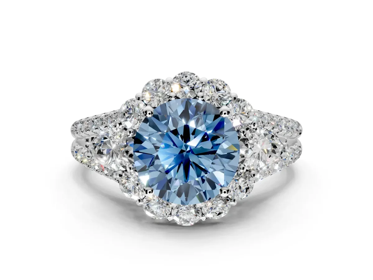 Halo Engagement Ring Setting for Fancy Blue Round Cut Center with Two-Strand Split Shank and Prong Head in Platinum
