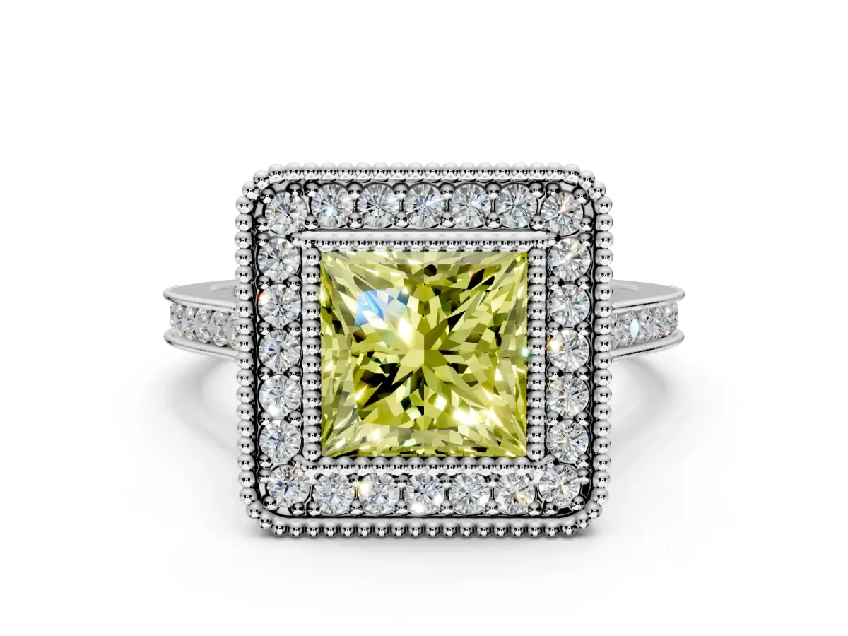 Halo Engagement Ring Setting for Fancy Yellow Princess Cut Center with Milgrain Frame, Pave Band and Prong Head in White Gold
