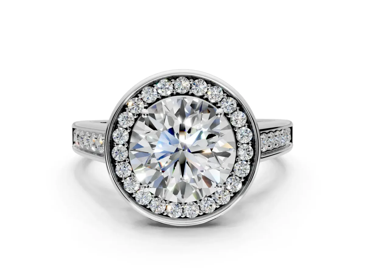 Halo Engagement Ring Setting for Round Cut Center with Outer Bezel Rim, Pave Band and Prong Head in Platinum