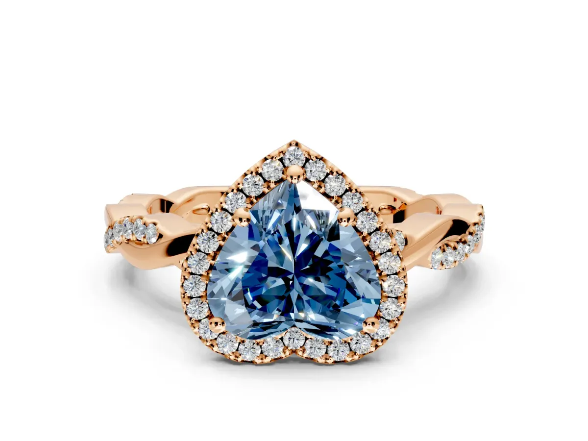 Halo Engagement Ring Setting for Fancy Blue Heart-Shaped Center with Pave and Plain Twist Band and Prong Head in Rose Gold