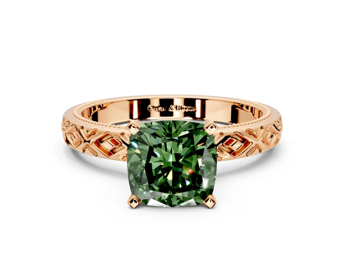 Solitaire Engagement Ring Setting for Fancy Green Cushion Cut Center with Milgrain X Pattern Band and Prong Head in Rose Gold