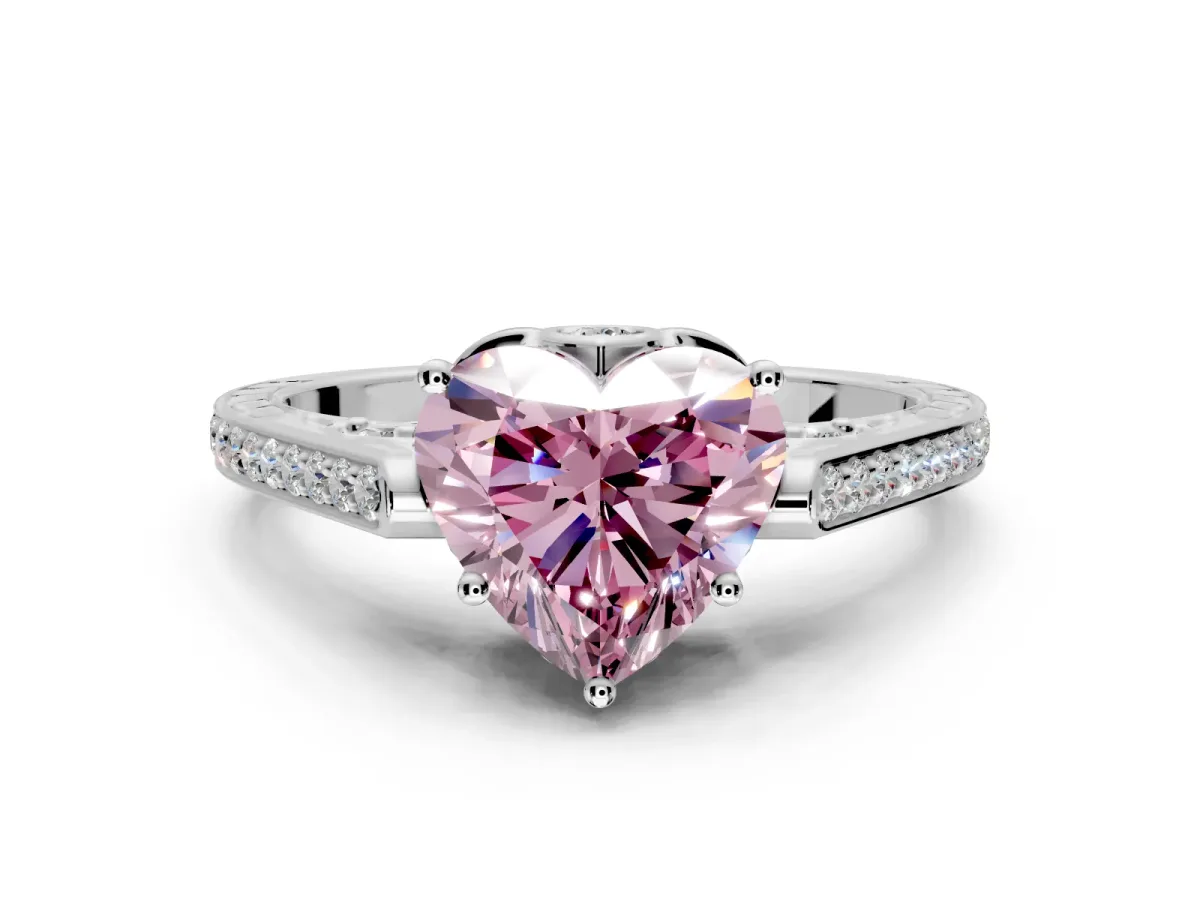 Cathedral Engagement Ring Setting for Fancy Pink Heart-Shaped Center with Antique-Style Pave Band and Prong Head in White Gold