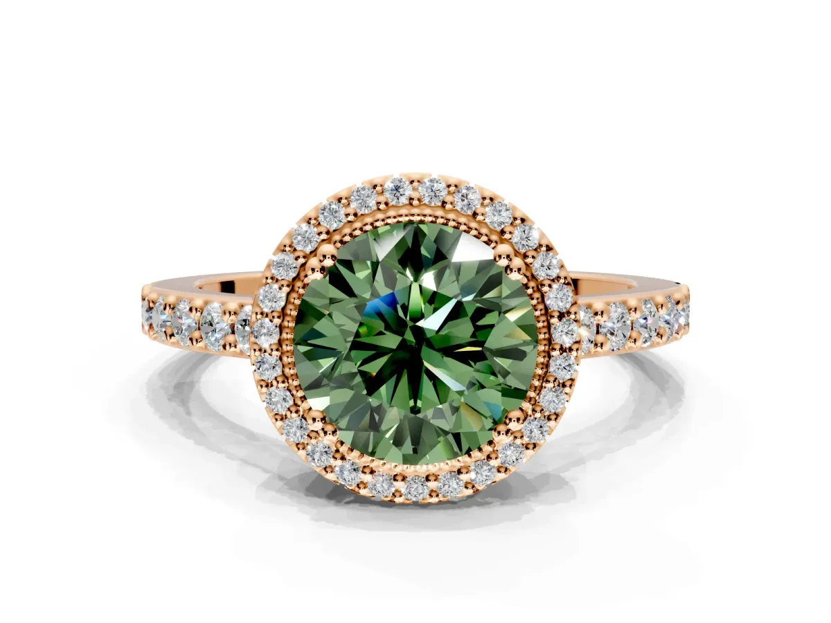 Halo Engagement Ring Setting for Fancy Green Round Cut Center with Inner Milgrain Border and Prong Head in Rose Gold