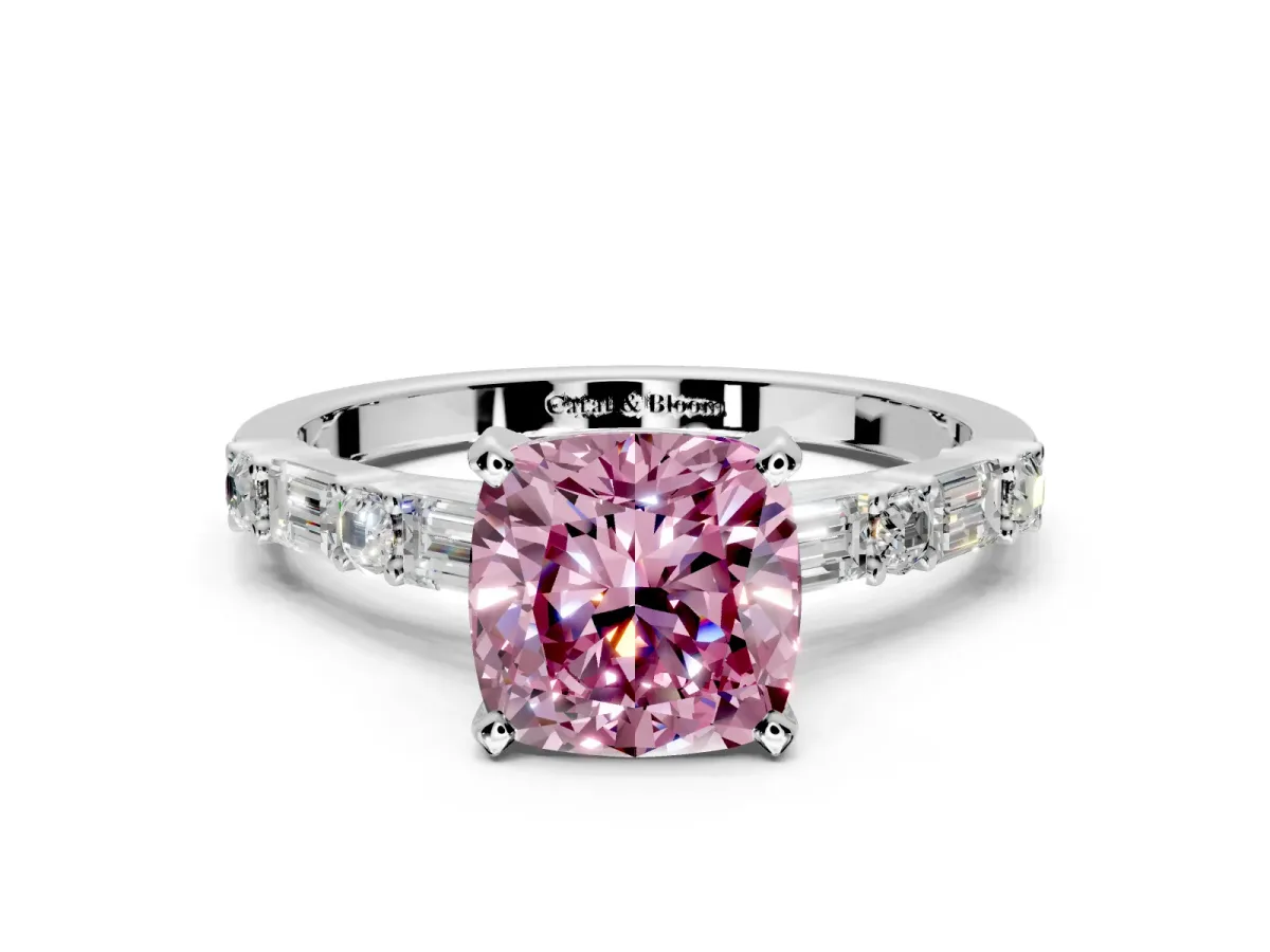 Baguette Engagement Ring Setting for Fancy Pink Cushion Cut Center with Alternating Bar-Set Band and Prong Head in White Gold
