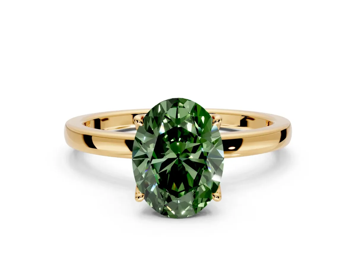 Solitaire Engagement Ring Setting for Fancy Green Oval Center with Thin Rounded Plain Band and Prong Head in Yellow Gold