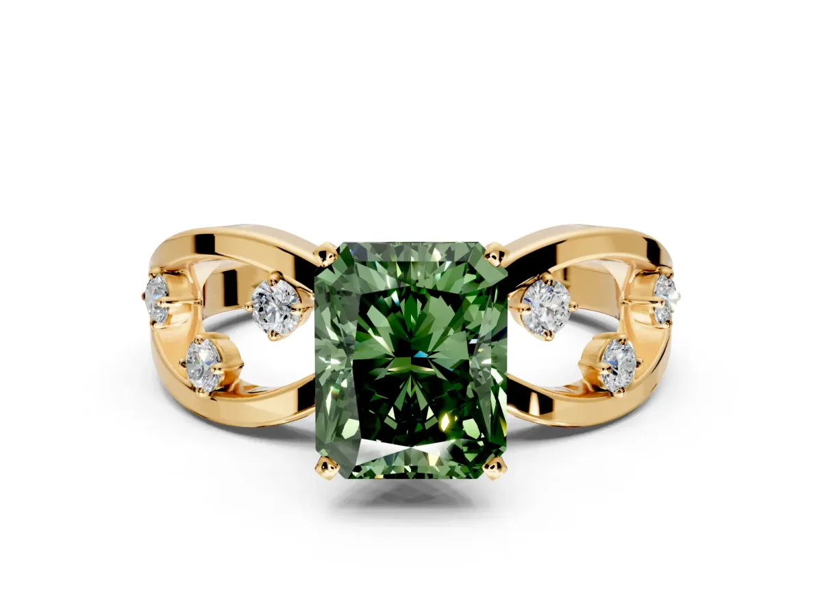 Solitaire Engagement Ring Setting for Fancy Green Radiant Cut Center with Criss-Cross Accent Band and Prong Head in Yellow Gold