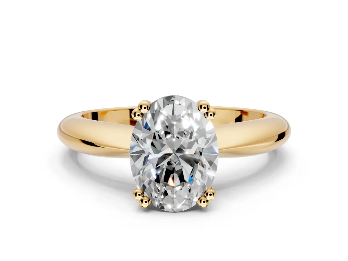 Solitaire Engagement Ring Setting for Oval Center with Reverse Tapered Band and Prong Head in Yellow Gold