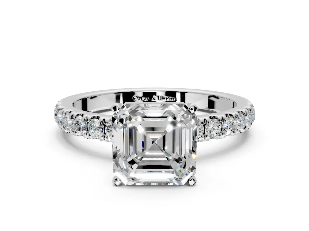 Open Basket Engagement Ring Setting for Asscher Cut Center with Pave Band and Prong Head in White Gold