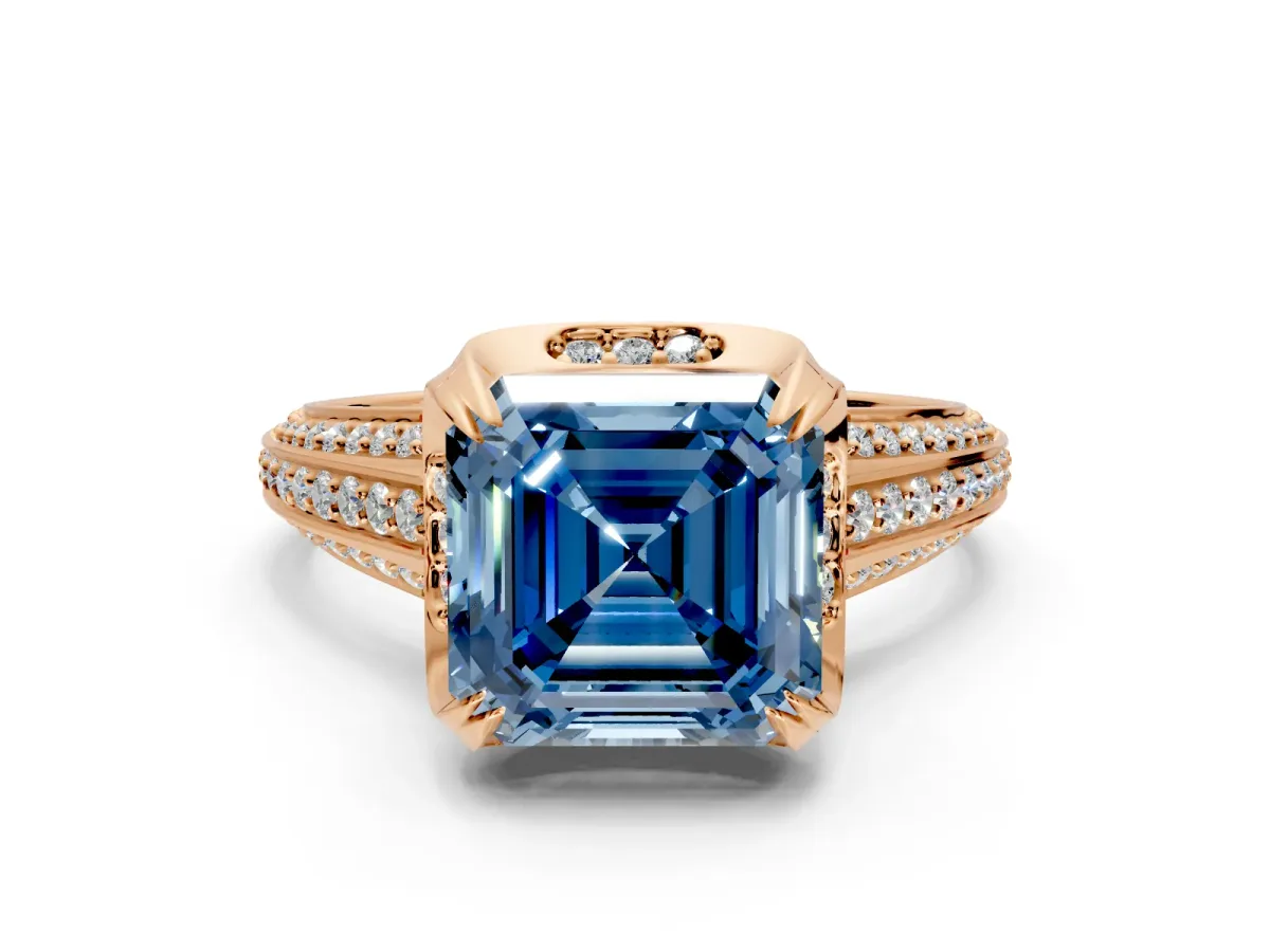 Solitaire Engagement Ring Setting for Fancy Blue Asscher Cut Center with Accented Split Shank and Prong Head in Rose Gold