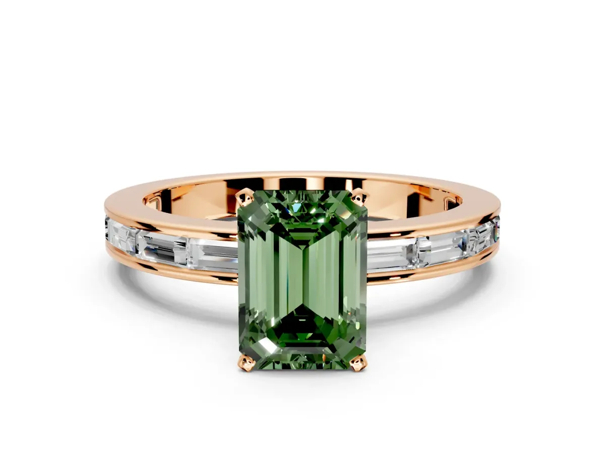 Solitaire Engagement Ring Setting for Fancy Green Emerald Cut Center with Channel Baguette Band and Prong Head in Rose Gold