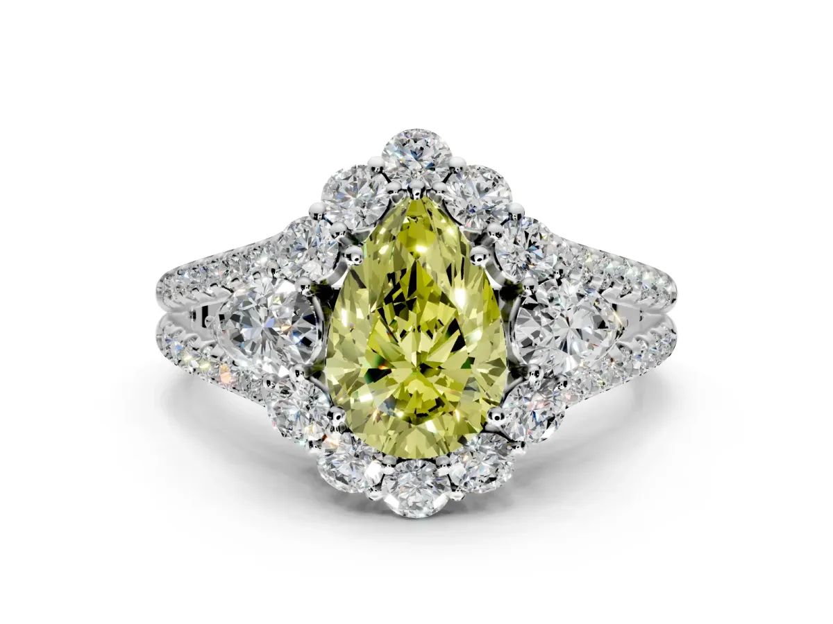 Halo Engagement Ring Setting for Fancy Yellow Pear-Shaped Center with Two-Strand Split Shank and Prong Head in White Gold