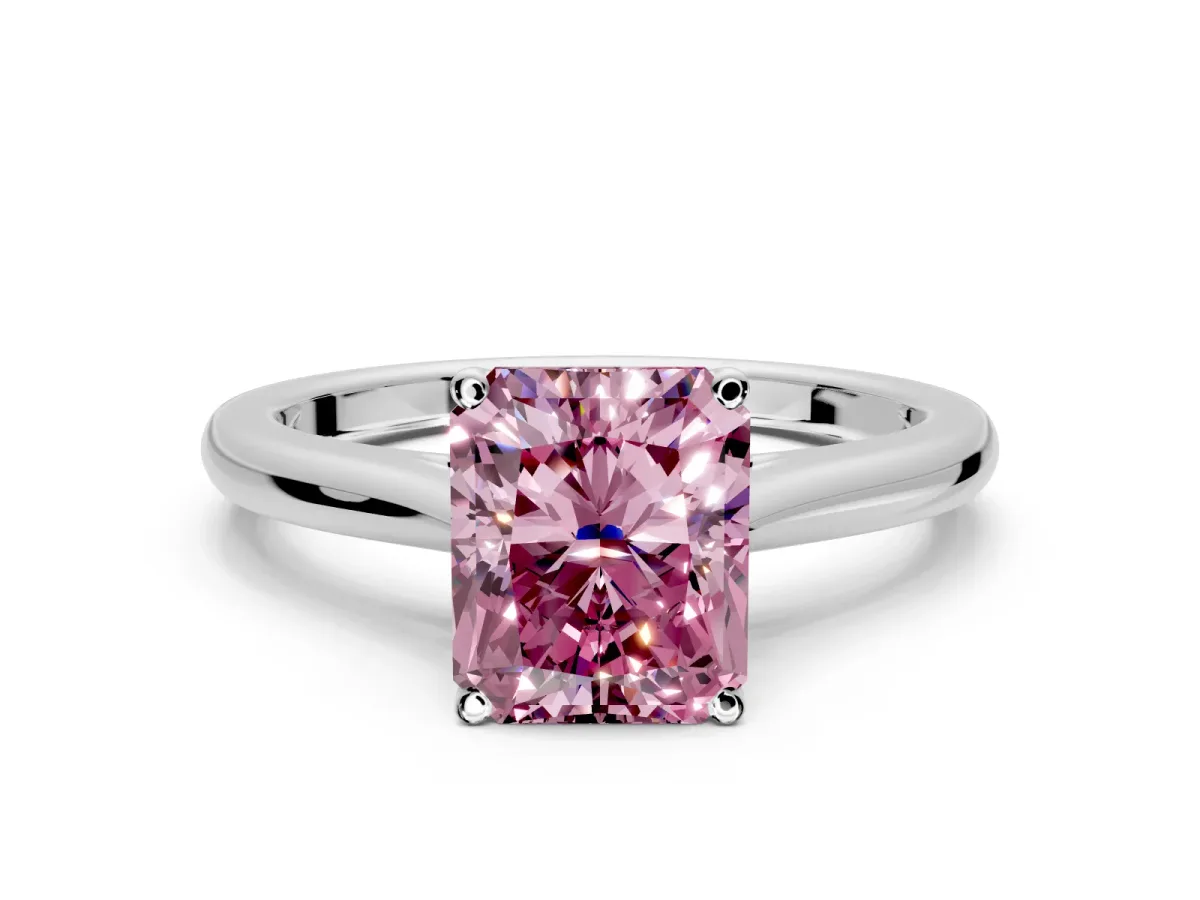 Solitaire Engagement Ring Setting for Fancy Pink Radiant Cut Center with Narrow Cathedral Band and Prong Head in White Gold