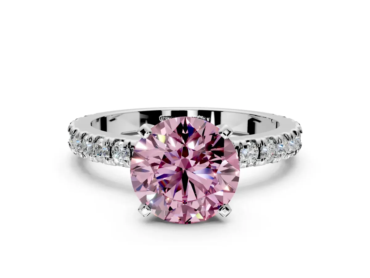 Solitaire Engagement Ring Setting for Fancy Pink Round Cut Center with Fine Pave Band and Claw Prong Head in Platinum