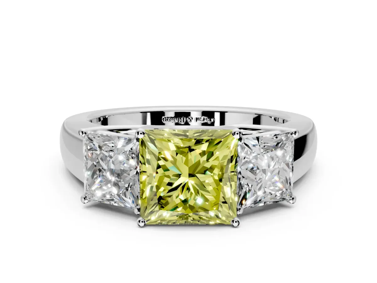 3 Stone Engagement Ring Setting for Fancy Yellow Princess Cut Center with Raised Basket Heads and Prong Head in Platinum