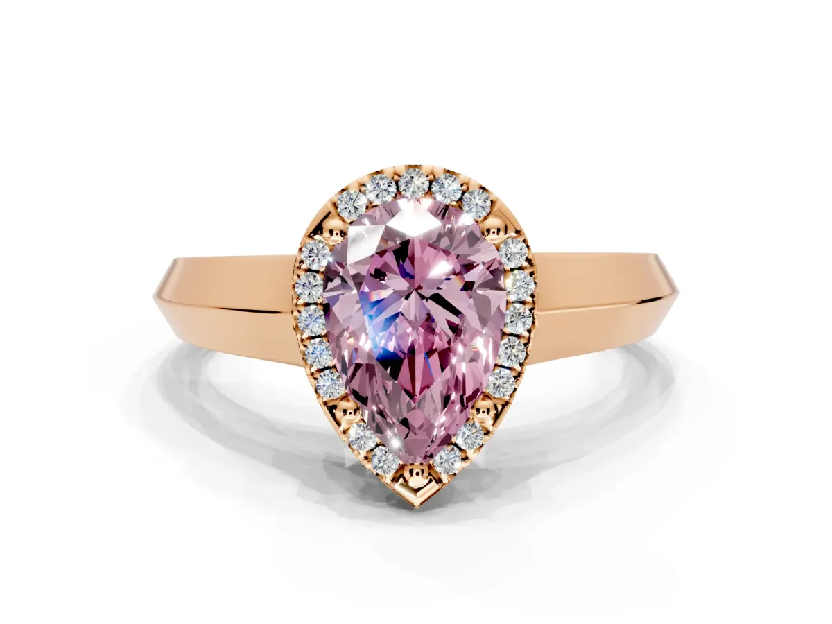 Halo Engagement Ring Setting for Fancy Pink Pear-Shaped Center with Knife Ridge Cathedral Band and Prong Head in Rose Gold