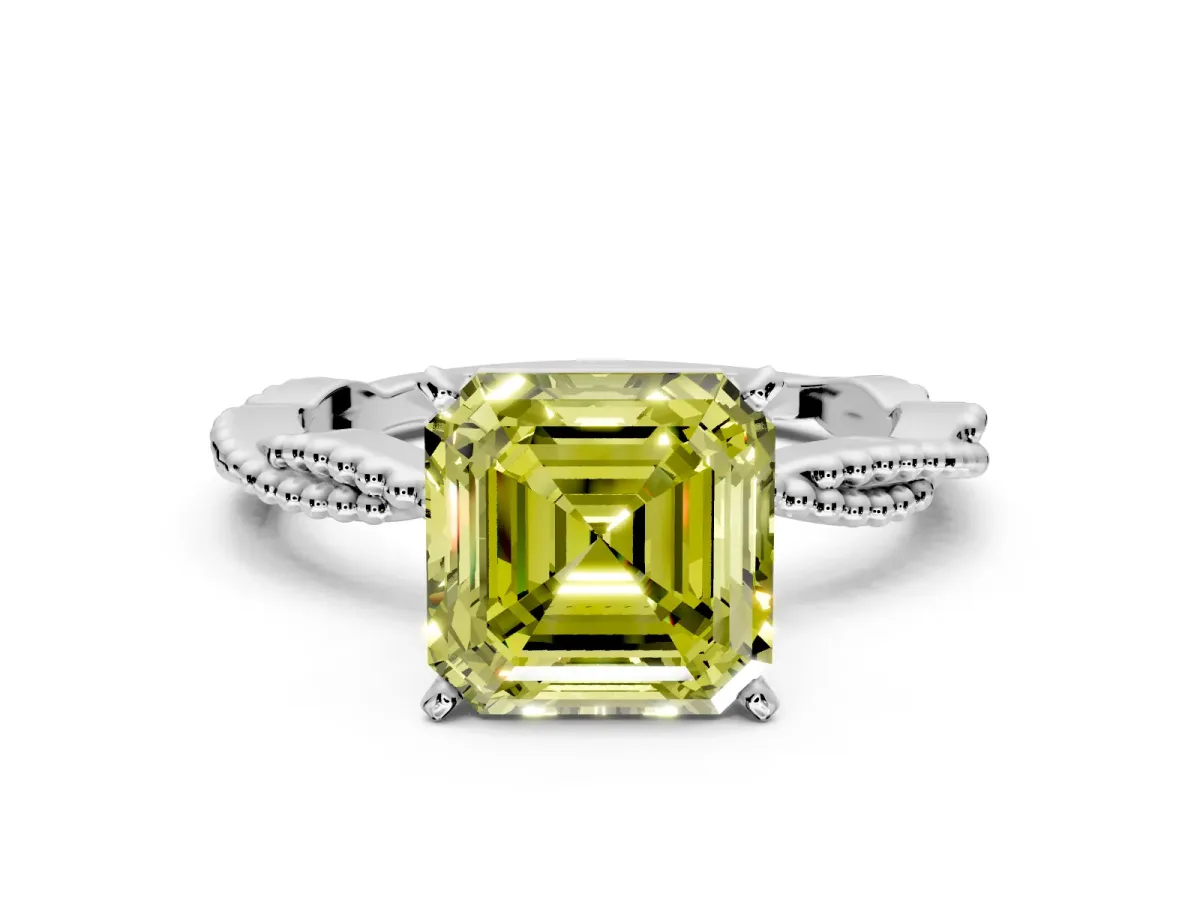 Solitaire Engagement Ring Setting for Fancy Yellow Asscher Cut Center with Twist Band and Bead Prong Head in Sterling Silver