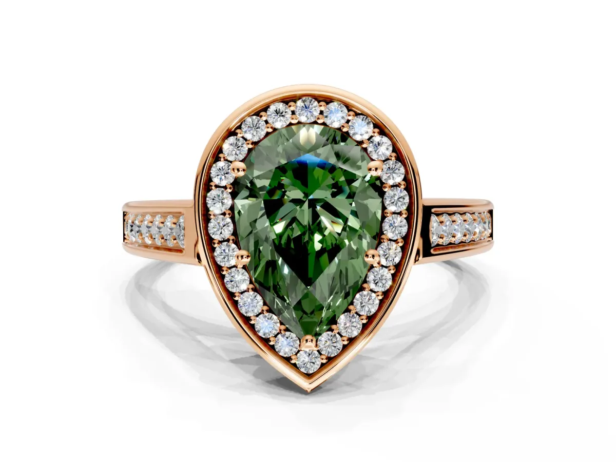 Halo Engagement Ring Setting for Fancy Green Pear-Shaped Center with Outer Bezel Rim, Pave Band and Prong Head in Rose Gold