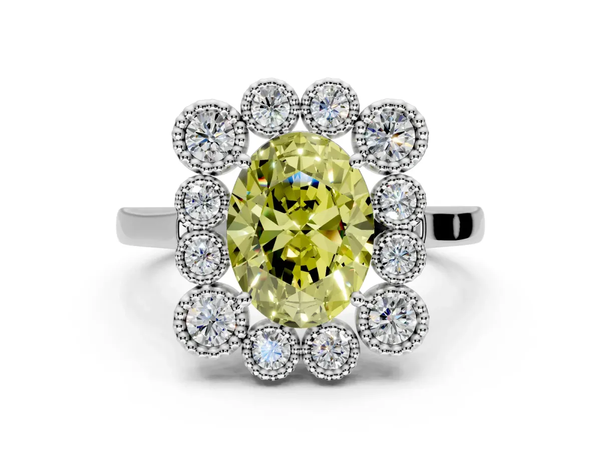Cluster Halo Engagement Ring Setting for Fancy Yellow Oval Center with Milgrain Bezel Accents and Prong Head in Sterling Silver