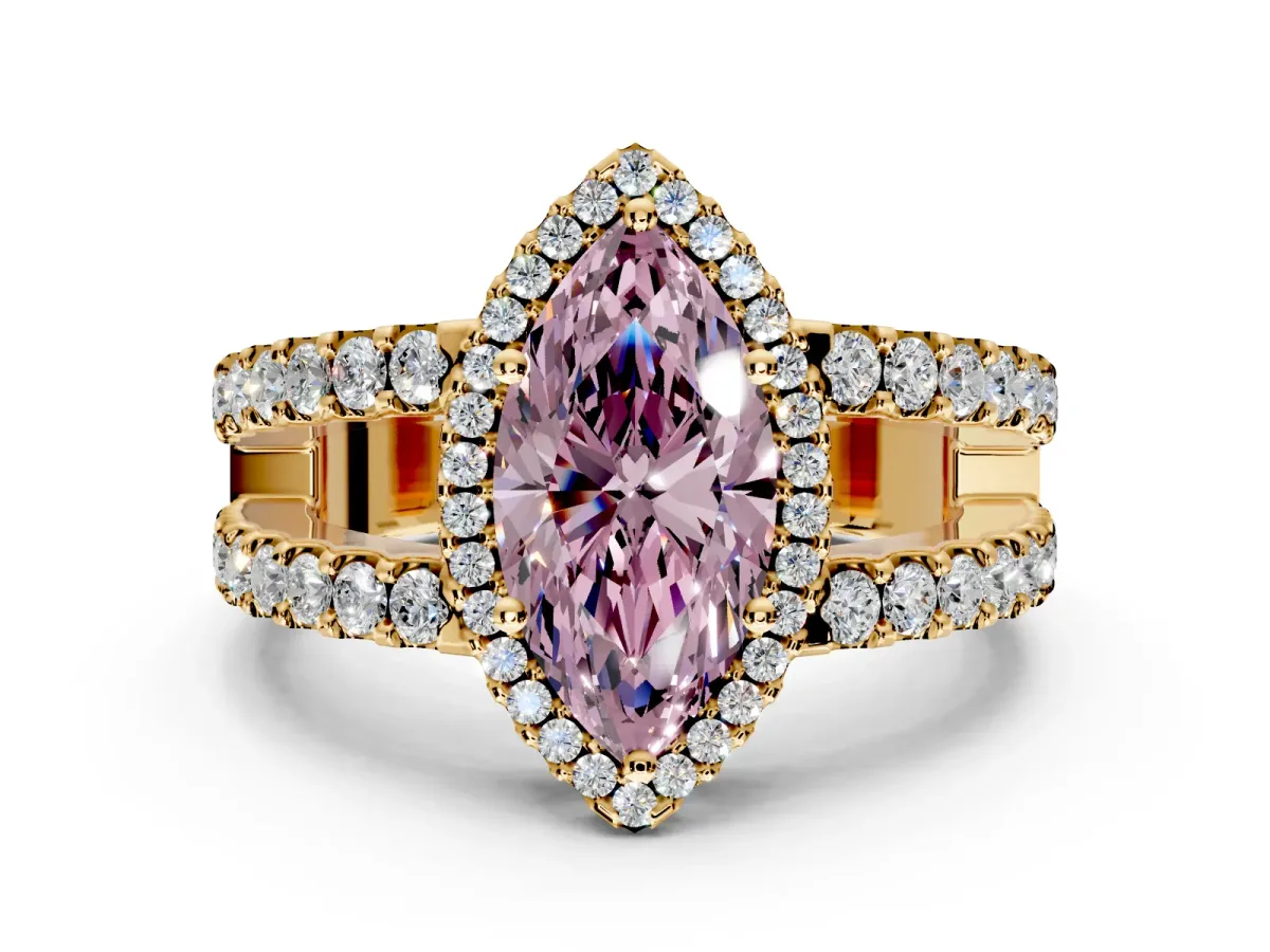 Halo Engagement Ring Setting for Fancy Pink Marquise Center with Wide-Open Pave Split Shank and Prong Head in Yellow Gold