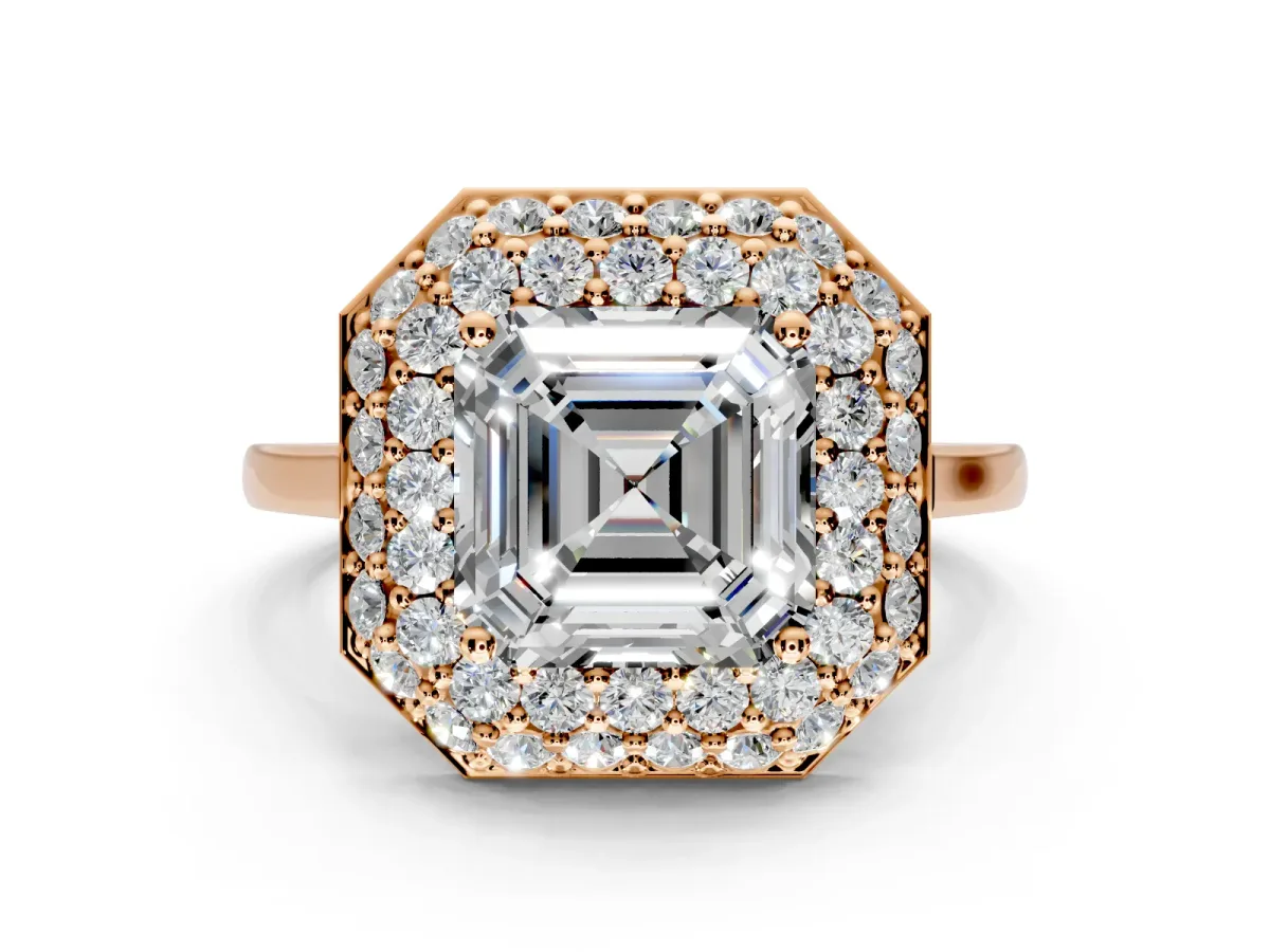 Halo Engagement Ring Setting for Asscher Cut Center with Plain Tapered Band and Prong Head in Rose Gold