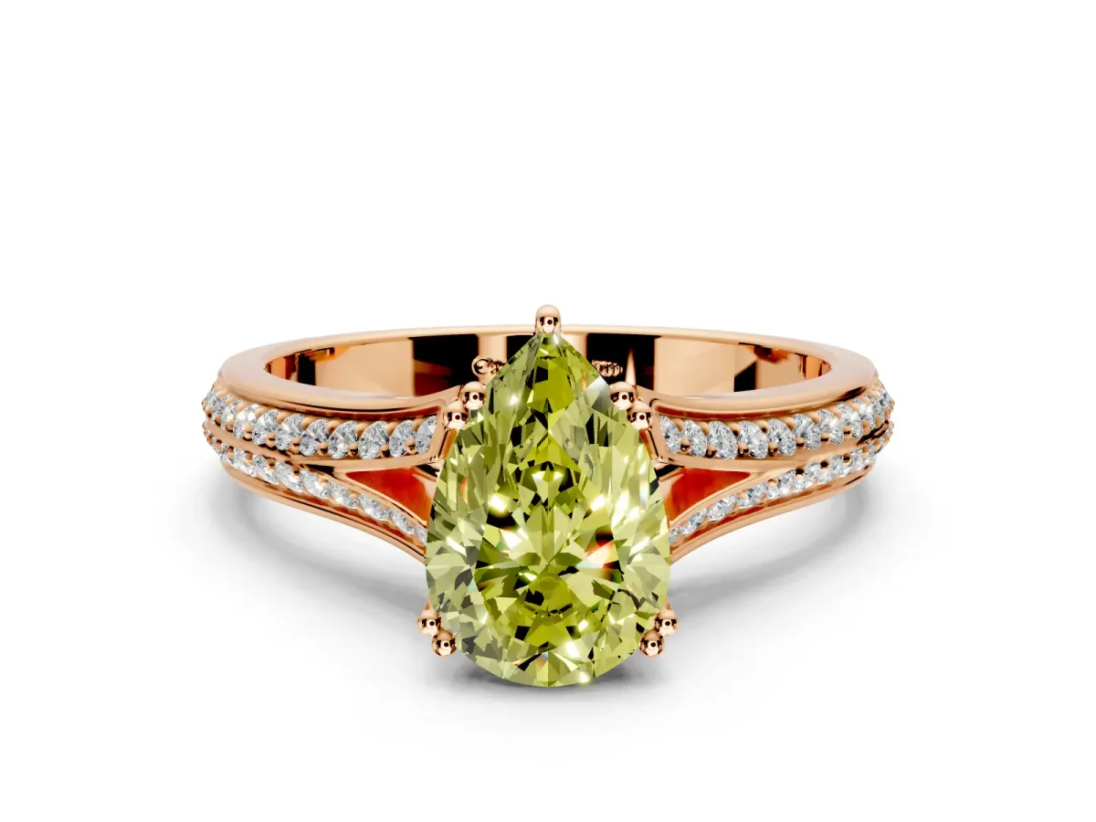 Solitaire Engagement Ring Setting for Fancy Yellow Pear-Shaped Center with Pave Rail Split Shank and Prong Head in Rose Gold