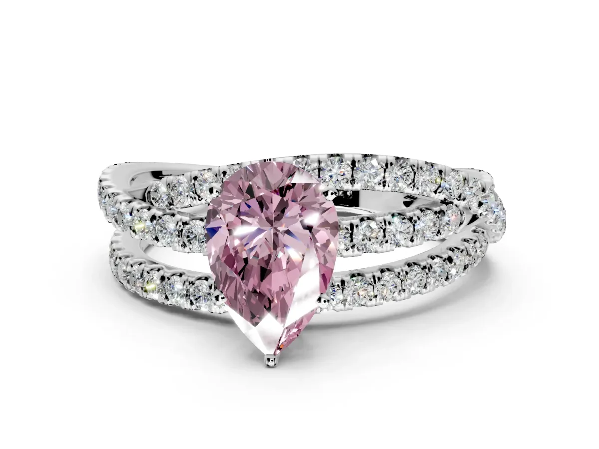 Solitaire Engagement Ring Setting for Fancy Pink Pear-Shaped Center with Woven 3-Strand Pave Band and Prong Head in Platinum