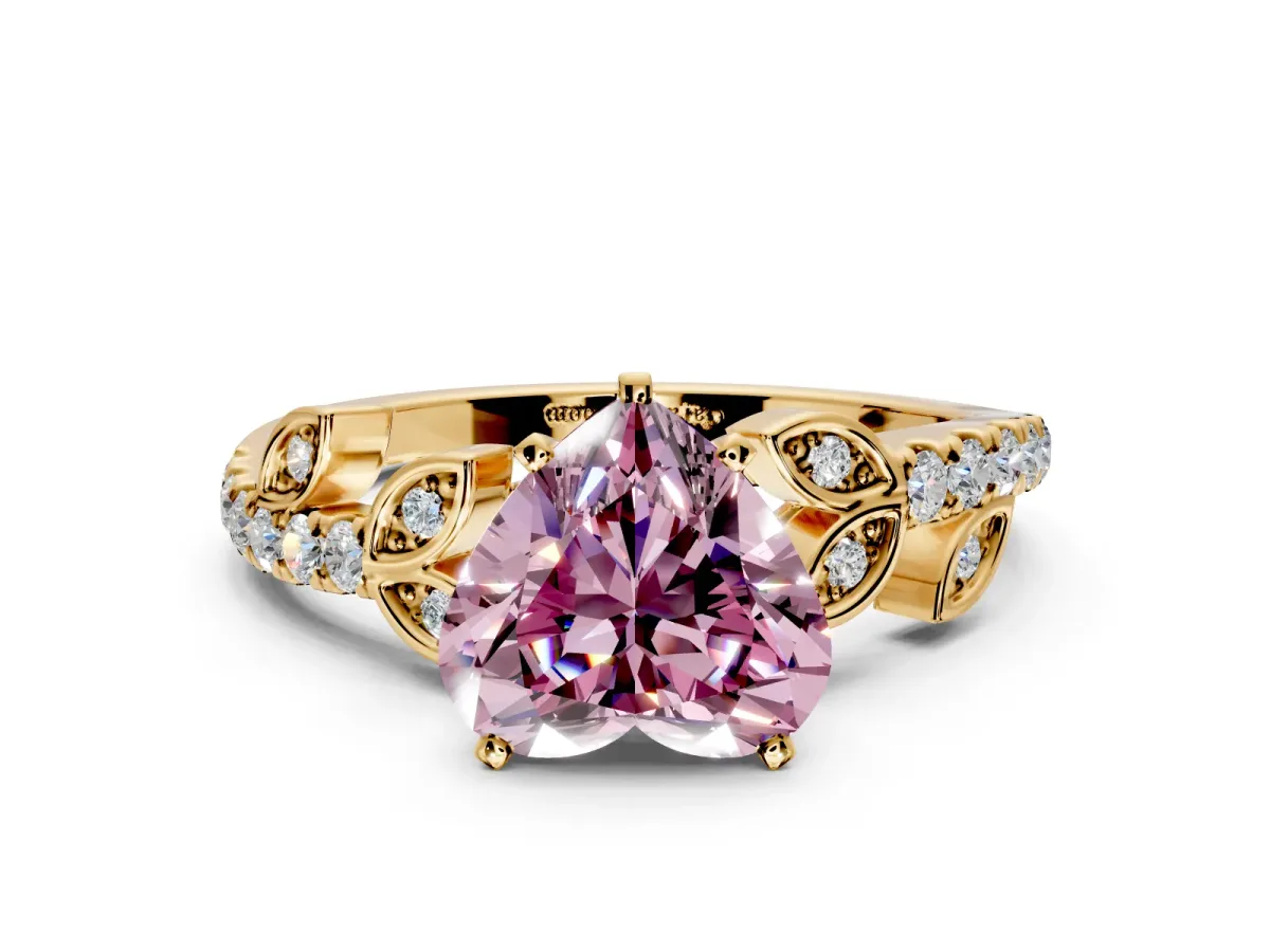 Leaf Motif Engagement Ring Setting for Fancy Pink Heart-Shaped Center with Pave Band and Prong Head in Yellow Gold