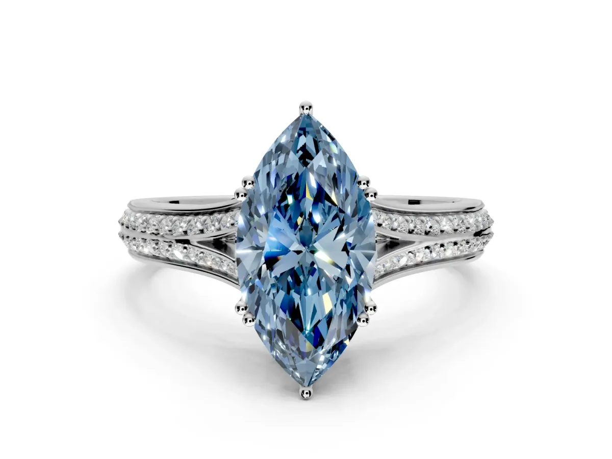 Solitaire Engagement Ring Setting for Fancy Blue Marquise Center with Pave Rail Split Shank and Prong Head in Sterling Silver