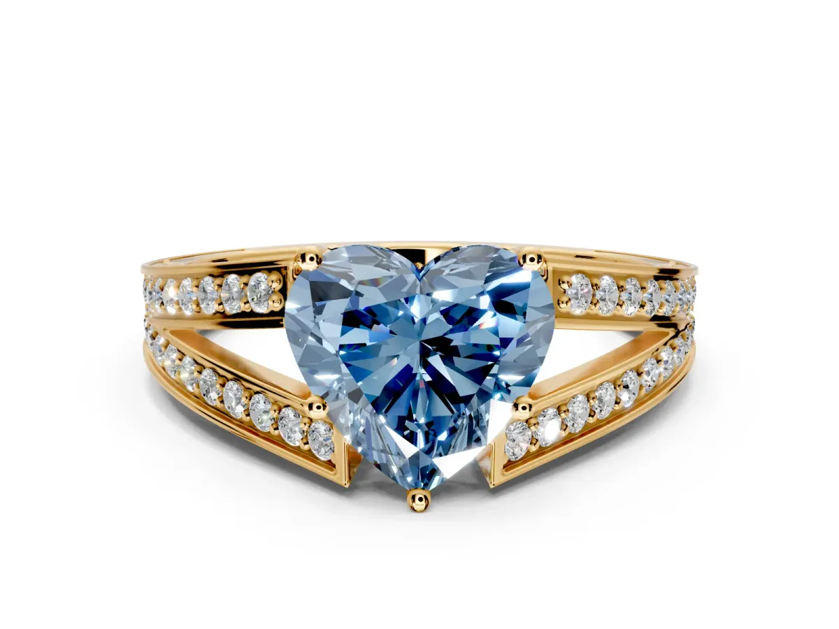 Split Shank Engagement Ring Setting for Fancy Blue Heart-Shaped Center with Pave Split Shank and Prong Head in Yellow Gold