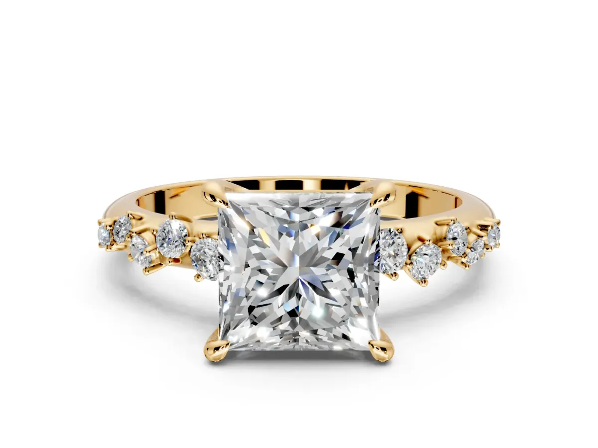 Solitaire Engagement Ring Setting for Princess Cut Center with Trailing Leaf Accent Band and Prong Head in Yellow Gold
