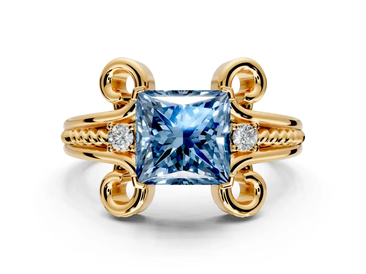 Solitaire Engagement Ring Setting for Fancy Blue Princess Cut Center with Twisted Band and Scroll Prong Head in Yellow Gold