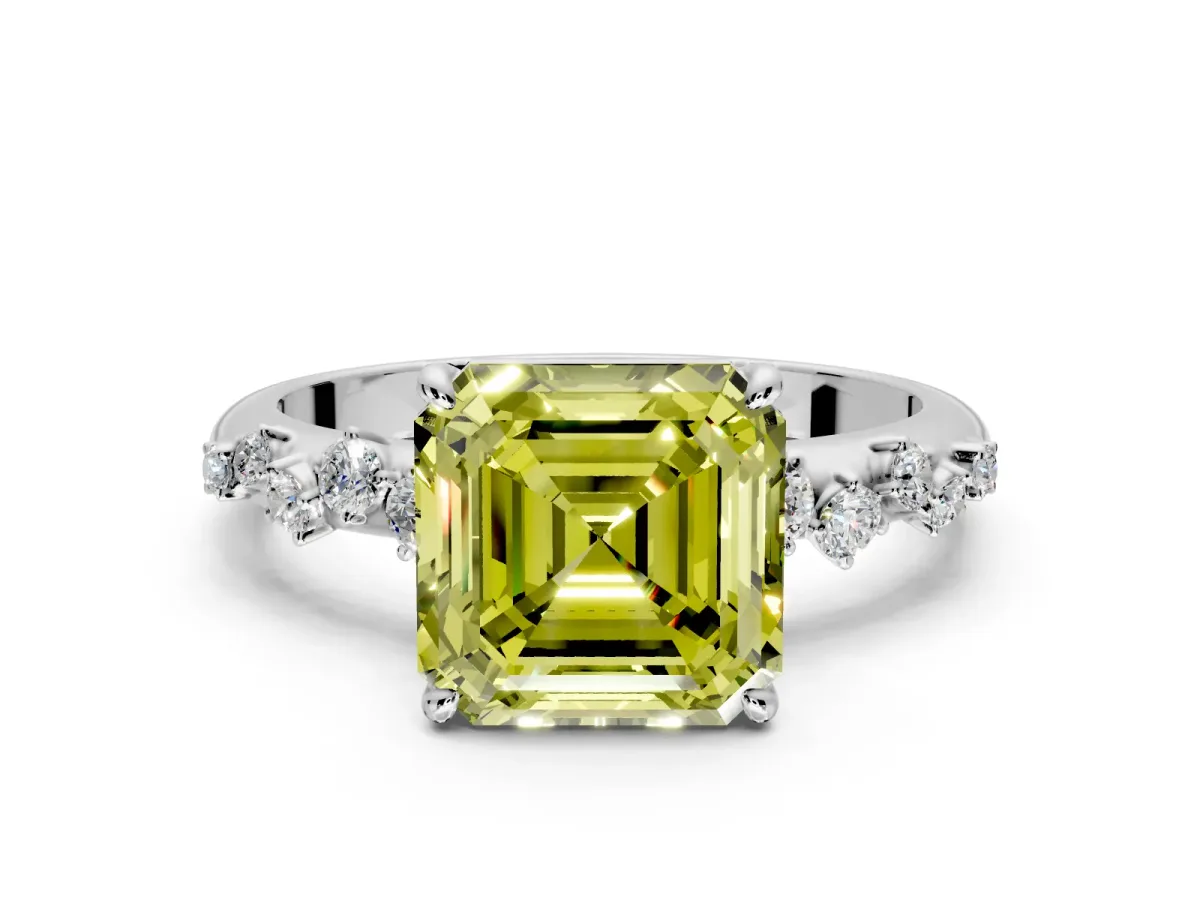 Cluster Engagement Ring Setting for Fancy Yellow Asscher Cut Center with Round Cut Accent Band and Prong Head in Platinum