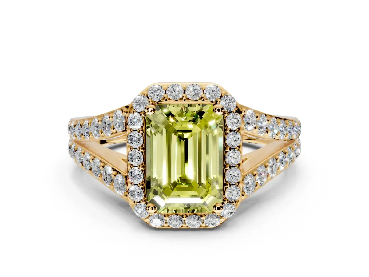 Halo Engagement Ring Setting for Fancy Yellow Emerald Cut Center with Narrow Pave Split Shank and Prong Head in Yellow Gold