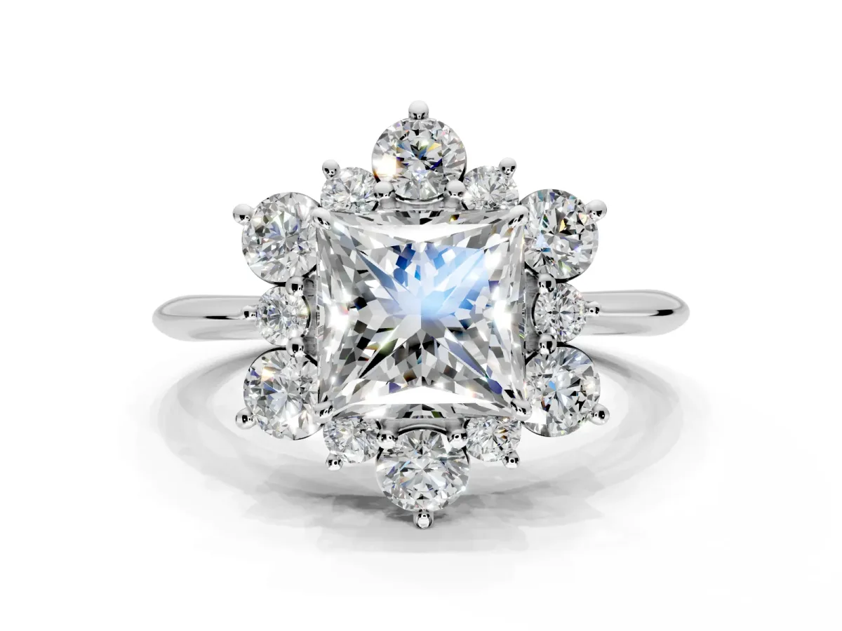 Small-Accent Cluster Halo Engagement Ring Setting for Princess Cut Center with Plain Band and Prong Head in White Gold