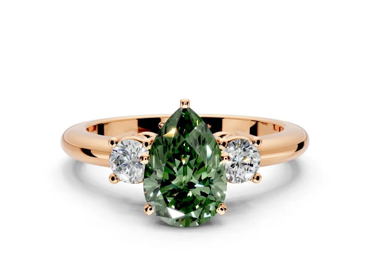 3 Stone Engagement Ring Setting for Fancy Green Pear-Shaped Center with Wide Plain Band and Prong Head in Rose Gold