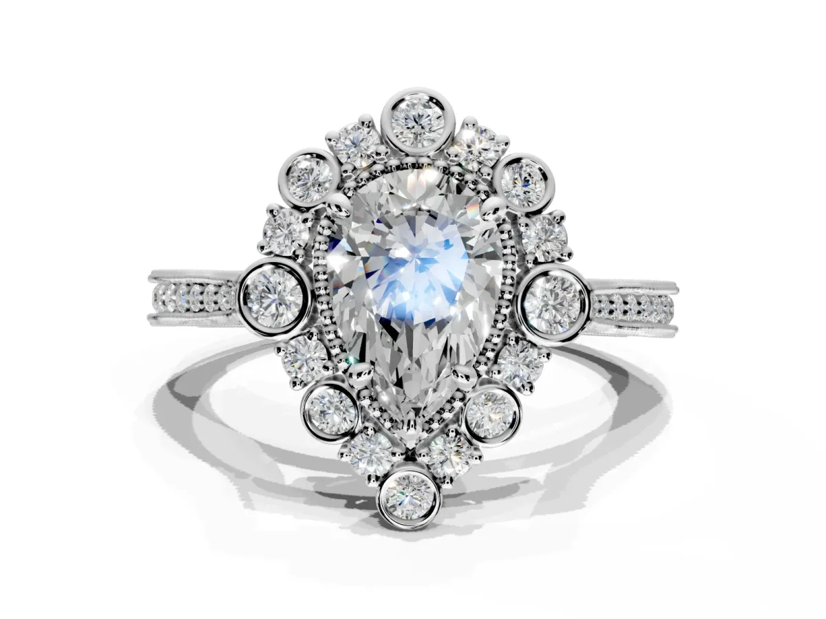 Milgrain Halo Engagement Ring Setting for Pear-Shaped Center with Bezel Point Accents and Prong Head in Sterling Silver
